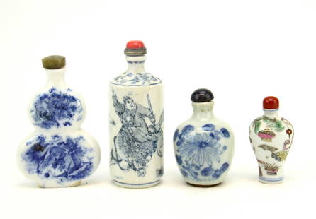 A Group of Four Chinese Snuff Bottles: Four Chinese porcelain snuff bottles, the largest one with a warrior riding horse and seal mark on the base 4 1/4 inches High. A Famille Rose porcelain snuff bottle, 2 1/2 inches High.