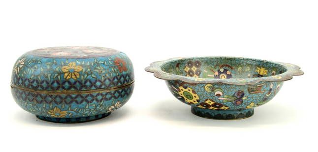 Two Chinese Cloisonne Items: A Chinese 19th century cloisonne box with blossoms on a purple ground with heavy bronze frame. 6 inches diameter. A Qing dynasty cloisonne bowl with lobed rim decorated all over with scholar's