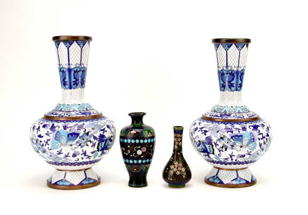 Four Chinese Cloisonne Vases: Pair of early 20th century cloisonne vases, 10 inches High, and two later 19th century vases, 4 inches High.