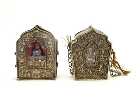 Two Tibetan Bronze Buddha Cases (Gawu): Two Tibetan bronze cases with Buddha figures, (Gawu) early 20th century. 5 1/2 inches High and 4 1/2 inches Wide.