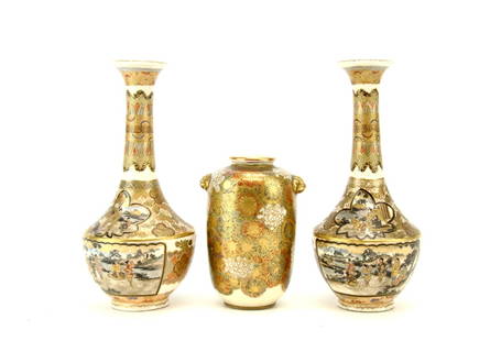 Three Japanese Satsuma Vases: Pair of Satsuma vases, Meiji period, decorated with scenes of Samurai in various activities, 6 inches High; a small Satsuma vase with carved foo-lion head shaped earring on shoulder decorated with chr