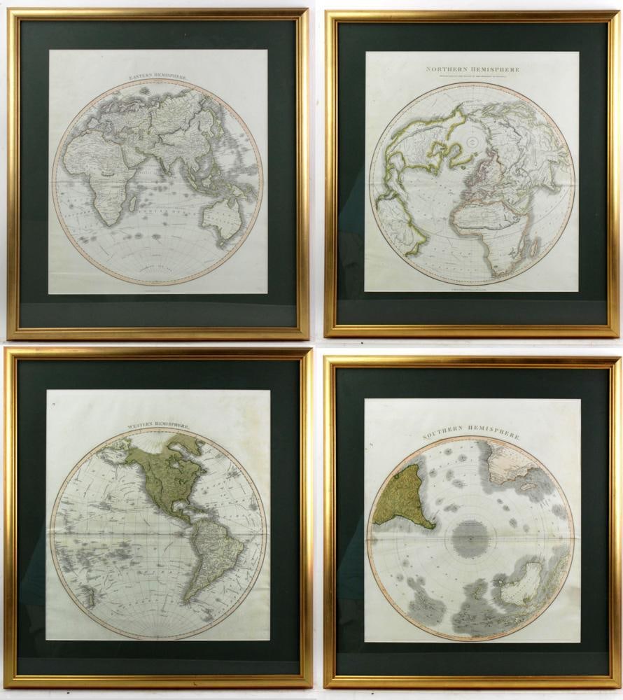 John Thomson, 19thC "New General Atlas": John Thomson "New General Atlas" (4) antique hemisphere maps: Western, Eastern, Northern, Southern. Hand-colored engravings. Edinburgh 1st quarter 19th century, 23" x 20", matted and framed 32" x 28 1