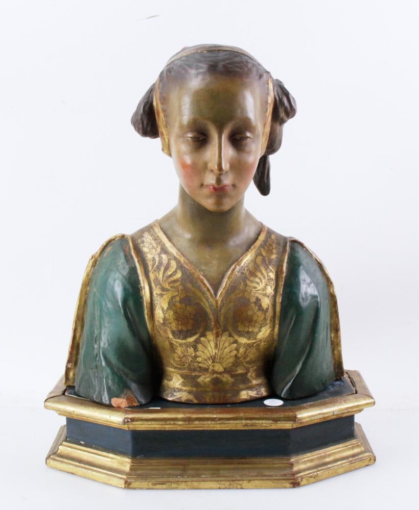 Italian, Painted Terracotta Bust of Woman on Base (1 of 6)