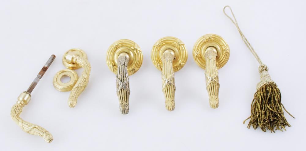 Set of Gilt French-Style Handles, Sherle Wagner: Set of (5) gilt French-style handles, Sherle Wagner, 4". Provenance: Brookline, Massachusetts collection.