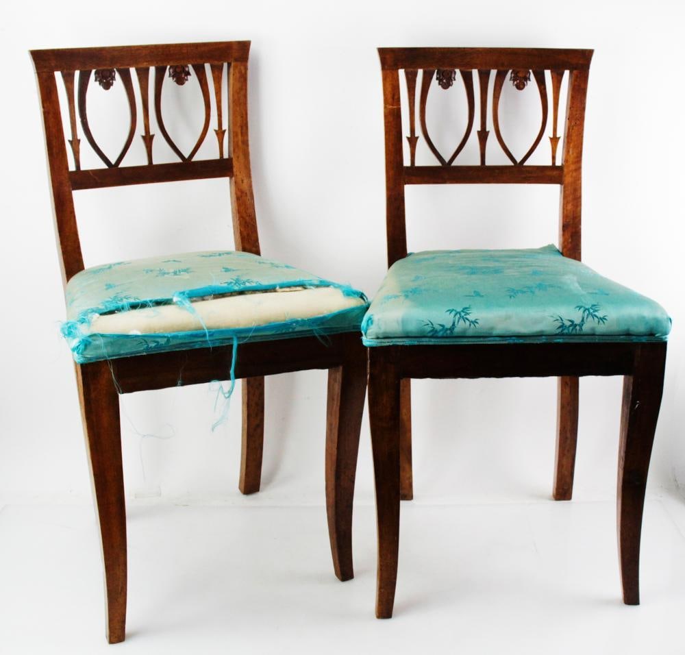 Pair of 18thC Italian Neoclassical Chairs: Pair of 18th century Italian Neoclassical chairs, 32" H x 17" W x 18" D. Provenance: Southern Connecticut collection.