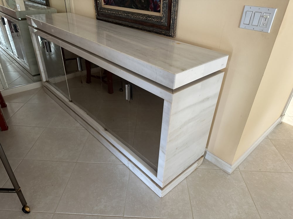 Jay Spectre Custom Marble and Chrome Credenza: Jay Spectre custom designed marble and chrome credenza, 34" H x 77" W x 18" D. PLEASE NOTE: THIS LOT WILL BE SOLD IN PLACE, AT 11434 MAUNA KEA LANE, BOYNTON BEACH, FLORIDA.