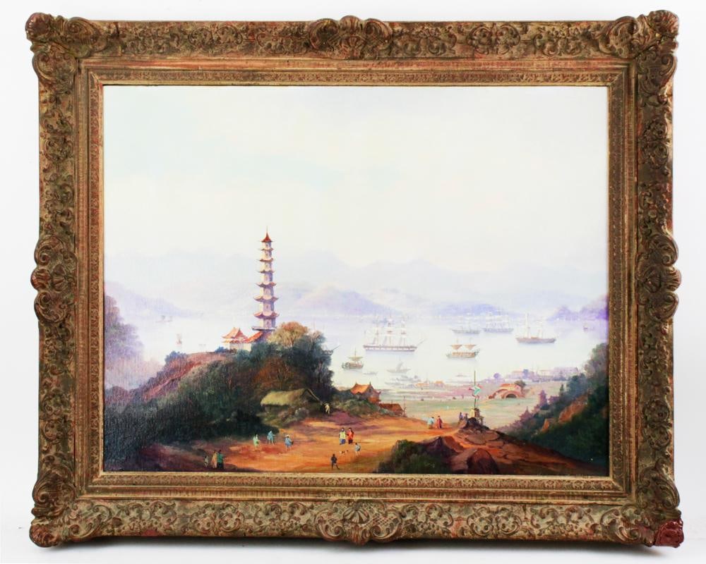 Michael Matthew, China Trading Post Scene: Michael Matthews (English, b.1933), China Trading Post scene, depicting Canton harbor with temple on the hill, oil on canvas board, signed L/R, 26" x 20", framed 32" x 26". Provenance: Fairfield, Conn