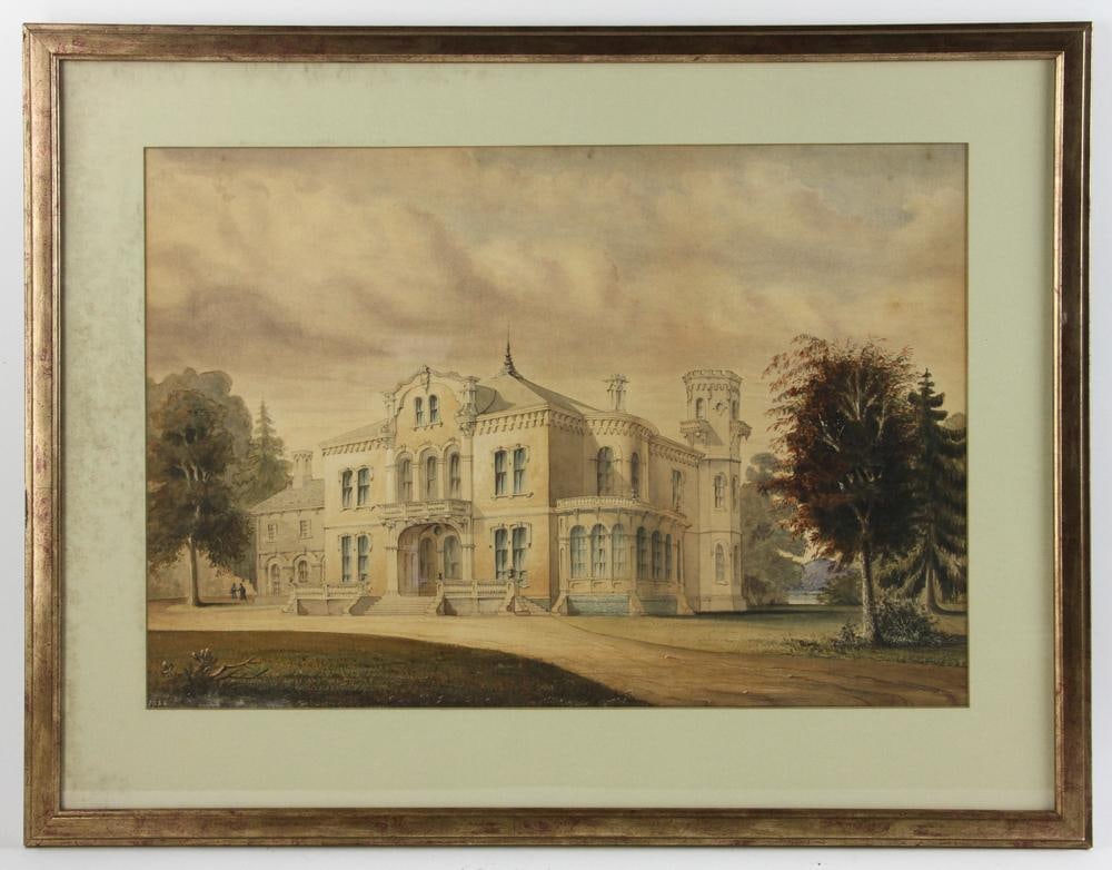 Gothic Style Home, Watercolor: Gothic-style home, watercolor, dated 1856, 13" x 19", framed 19" x 25". Provenance: From a Newton, Massachusetts estate.
