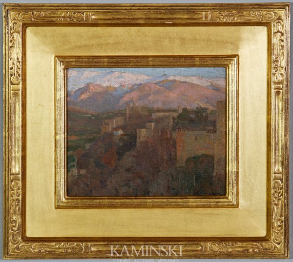 Hibbard, City at Dusk, O/B: Aldro Thompson Hibbard (American, 1886-1972), European city at dusk, oil on board, signed lower right, 9" x 11", 17" x 19" (frame).
