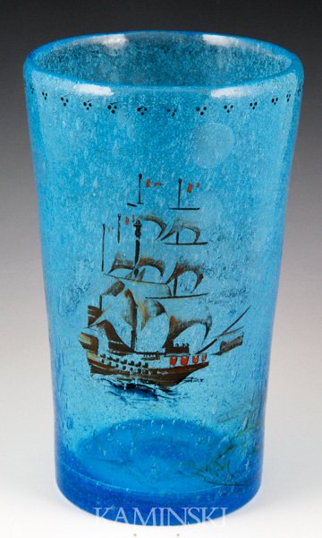 20th C. Pairpoint Tavern Glass Vase: Early/ mid 20th century, Pairpoint tavern glass vase, light blue, hand-painted polychrome decoration, ground pontil, Pairpoint Corp., 8 3/8"h x 5"dia.