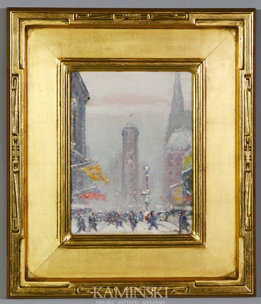 City in Snow Storm, O/B: City in snow storm, oil on board, signed indistinctly lower right, 12" x 9", 17 1/2" x 15 1/2" (frame).