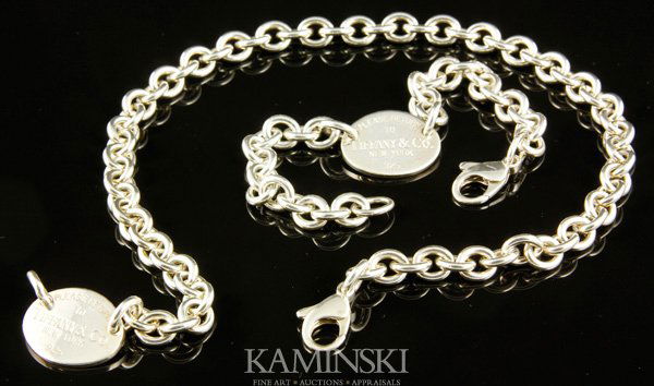 Tiffany Sterling Necklace and Bracelet: Tiffany sterling matching necklace and bracelet, "Please Return to Tiffany", etc., necklace 15 1/4"l, bracelet 7 1/4"l, approximately 2.6 troy oz tw.
