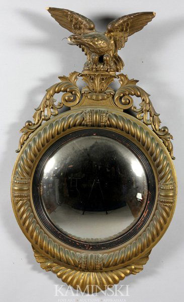 Federal Style Mirror: Early 20th century American Federal style convex mirror, gilt and gesso, 37"h x 24"w.