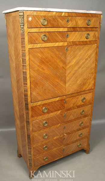 19th Century Louis XVI Secretaire a Abattant: 19th Century Louis XVI marquetry secretaire a abattant with ormolu gilt bronze mounts and marble top, the rectangular lavender marble top above two drawers and a fall-front writing surface revealing a