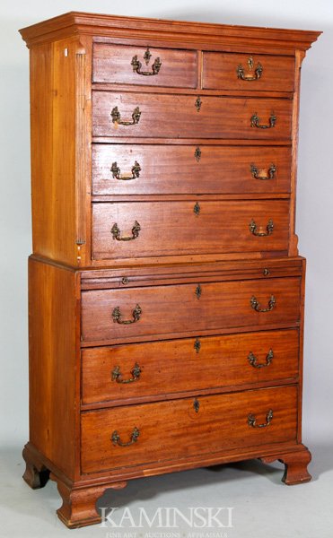English Chippendale Highboy: English Chippendale flat top highboy, mahogany, two part, 8 cock beaded drawers, ogee bracket feet, 76 1/2"h x 42"w x 22 1/2"d. 6 minor blemishes and chips.
