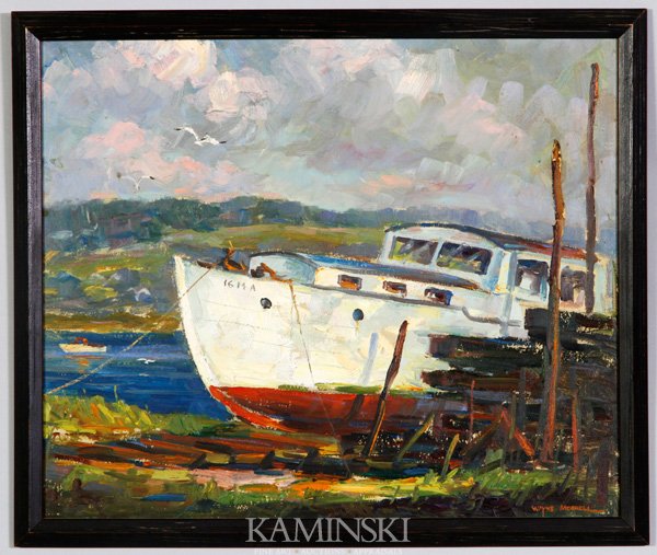 Morrell, Boat at Dry Dock, O/B: Wayne Morrell (Rockport, b. 1923), boat at dry dock, oil on board, signed lower right, 20" x 23 1/2".