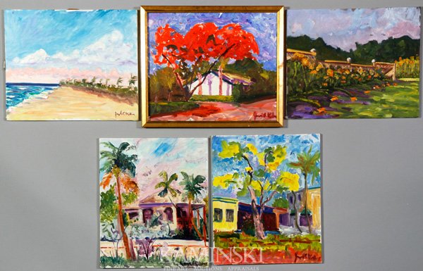 Kaknes, 5 Florida Scenes, O/C: Joseph Kaknes (21st century, Cape Ann artist), lot of five Del Ray, Florida scenes, "Clinton's House", oil on canvas, signed lower right, 20" x 24", 22" x 26" (frame); "My Front Yard", oil on canvas, 
