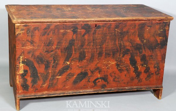18th C. American Chest: Late 18th century American chest, painted red and black, 27 1/2" h x 49" w x 23" d.