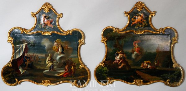 Pair of 18th C. French Paintings: Pair of 18th century French paintings on panel, some warping, 39 3/4" x 41 1/4".
