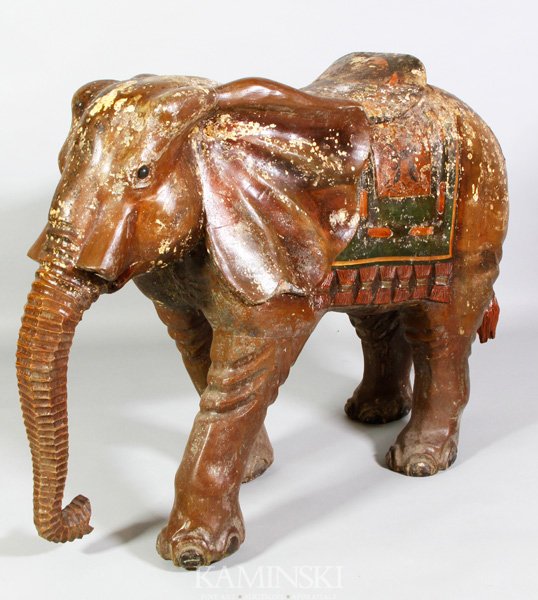 Old Carved Wood Elephant: Old carved wood elephant, 32"h x 46"w x 16"d.