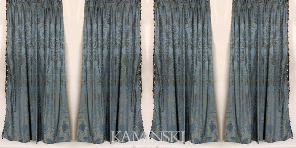 2 Pairs of Blue Damask Fortuny Style Drapes: Two pairs of blue damask fortuny style pattern drapes, having matching cornice boards and two pairs of tassel tiebacks, 103 1/2"l x 40"w (drapes), 16 1/2"h x 58"w x 10"d (cornice boards).