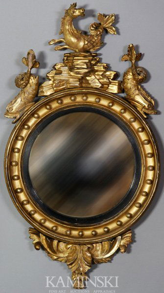 Federal C. 1820 Convex Mirror: Federal circa 1820 gilt wood convex mirror with hippocampus cresting, 38"h x 21"w x 3"d.