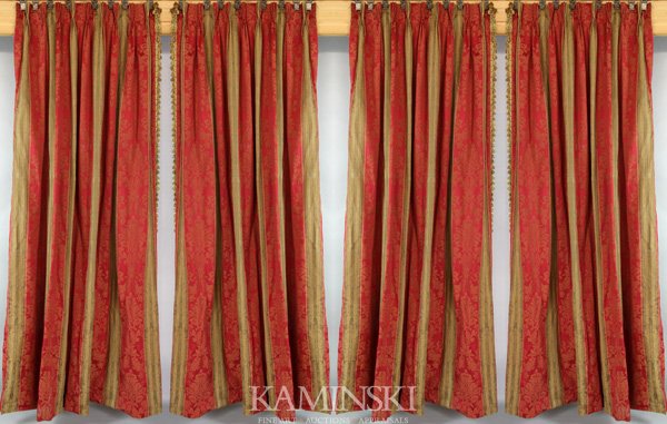 2 Pairs of Damask Striped Drapes: Two pairs of burgundy and bronze damask striped drapes, having two matching cornice boards and two pairs of tassel tiebacks, 103 1/2"l x 40"w (drapes), 16 1/2"h x 58"w x 10"d (cornice boards).