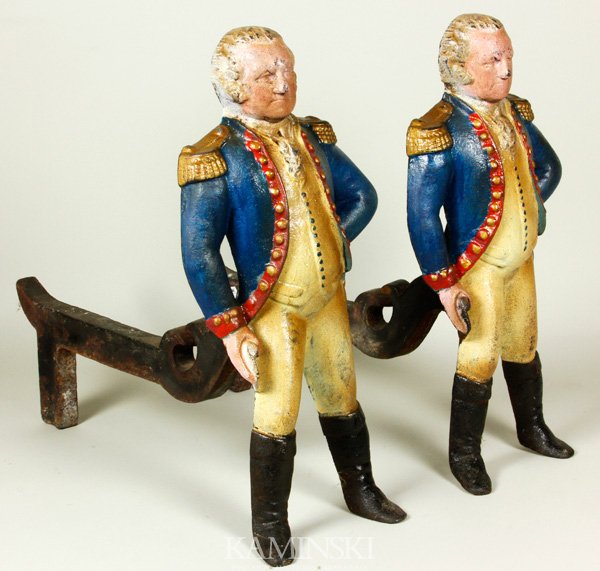 Polychromed Cast Iron Andirons: Polychromed cast iron andirons in form of George Washington, circa 1875, 15 1/2"h x 7"w x 15 1/2"d.