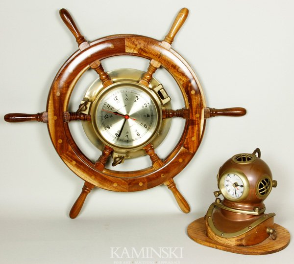 Ships Wheel Clock and Clock Helmet: Ships wheel clock and clock helmet, 23".