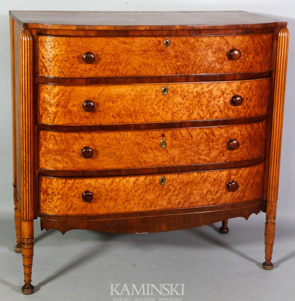 Early 19th C. New England Sheraton Chest: Early 19th century New England Sheraton birdseye maple bow front chest, 43"h x 42"w x 20 7/8"d.