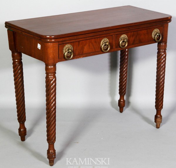 19th C. Sheraton mahogany two drawer console tabl: 19th Century Sheraton mahogany two drawer console table, 24" h x 36" l x 16 1/2" d.