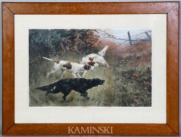 Hunting Dogs, Print: After Thomas Blinks, hunting dogs, print, with linen matt in original oak frame, dated 1892, 32" x 42" overall.