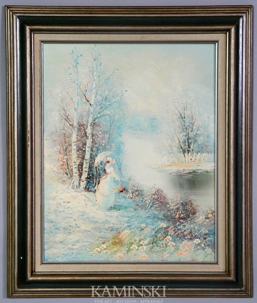 19th/20th C. Decorative Painting, O/C: 19th/20th century decorative painting of a lady by a lake and birch trees, oil on canvas, 19 1/2" x 15 3/4", 26 3/4" x 22 1/2" (frame).
