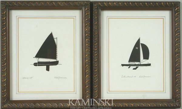 Pair of Noel Freeman Prints: Pair of prints by Noel Freeman, "Handy Cat" and "International 110", each measures 8" x 6", 11 1/2" x 9 1/2" frame size. Good condition.