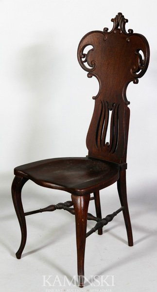 Oak Music Room Chair: Oak music room chair, circa 1900, 43"h x 16 1/2"w.