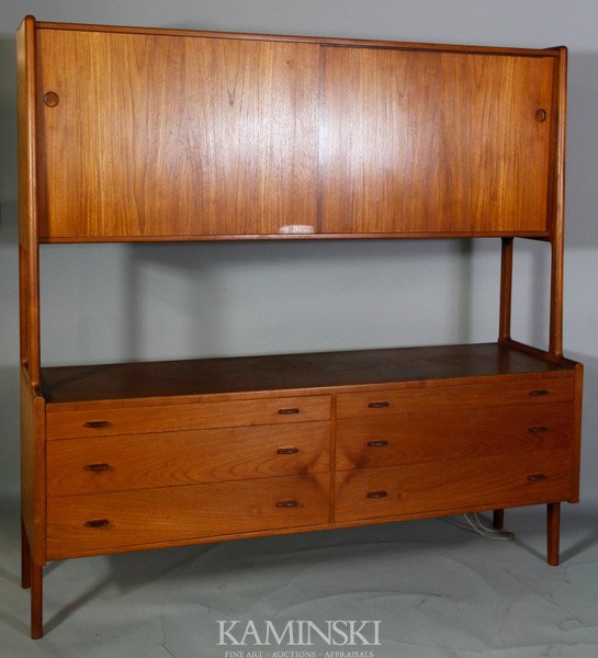 Hans Wegner Hutch: Hans Wegner "Hibord", two piece hutch, teak, triangular blue ink stamped marks "R Y Mobler 4", metal disc, "Furnturemakers Danish Control" inside drawer, six drawers in lower unit, upper case has five