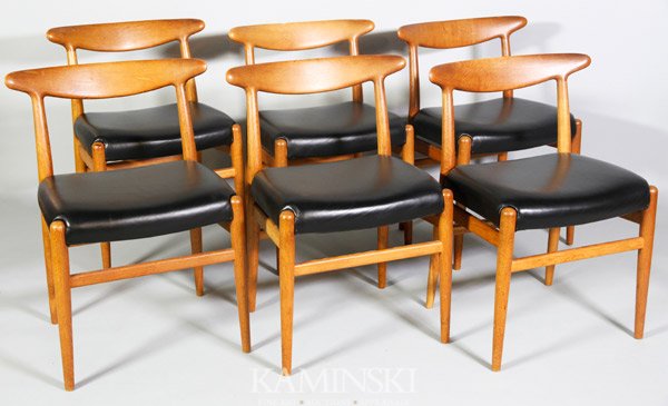 6 Hans Wegner Side Chairs: Group of six Hans Wegner side chairs, teak with recovered black leather seats, all branded "C. M. MA Dsens Fabriken, Habry C M (cipher) Danmark, Made in Denmark, Design - Hans J. Wegner", 29 5/8"h x 2