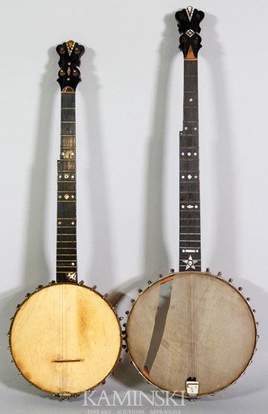 19th C. Pair of Banjos: 19th century, pair of five-string banjos, largest 36 /12"l x 2 3/4"d x 12"dia. Sold as is with some losses, damage.