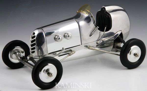 Singe, "Bremer Whirlwind", Car Model: Herb Singe, "Bremer Whirlwind", circa 1980's reproduction of 1930's/40's gas powered tether car, cast and formed aluminum, machined parts, leaf spring, and radius rod working suspension and differenti