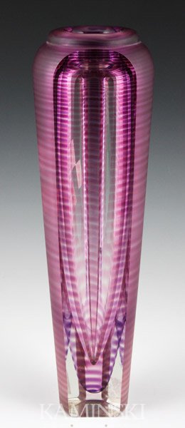 Karbler and David, Vase, Cut Crystal: Kit Karbler and Michael David, Blake Street Studio, lavender vase, cut crystal, signed on bottom of vase, 13 3/4"h x 4"w.