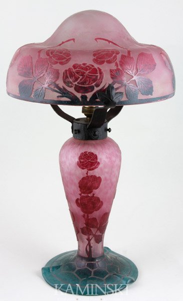 Le Verre Français Cameo Glass Table Lamp: Le Verre Français, cameo glass table lamp, signed on base with blue, white, and red candy cane, "Roses Savage" or "Wild Rose" pattern, 16 1/4"h x 9 3/4"dia shade. Guaranteed authentic and of the peri