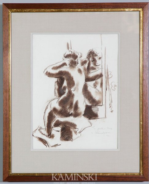 Gross, Conte Crayon Sketch: Chaim Gross (American 1904-1991), conte crayon sketch, signed and dated "Ch Gross 1930", inscribed to "Jack and Rose Chaim Gross 1932", 15"h x 11 1/2"w (view), 22 3/4"h x 18 7/8"w (overall). Given by 