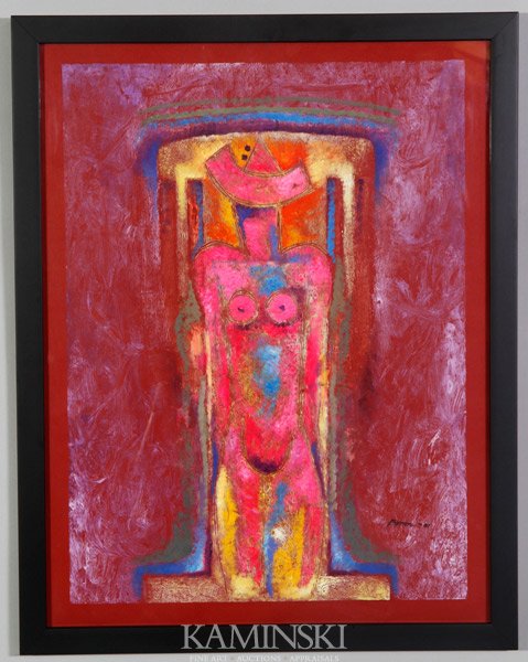 Galvez, Abstract Female Form, Mixed Media: Byron Galvez (Mexican), abstract female form, mixed media on paper, signed and dated lower right "Byron 01", 25"h x 19 1/4"w (view), 27 1/2"h x 21 3/4"w (overall).