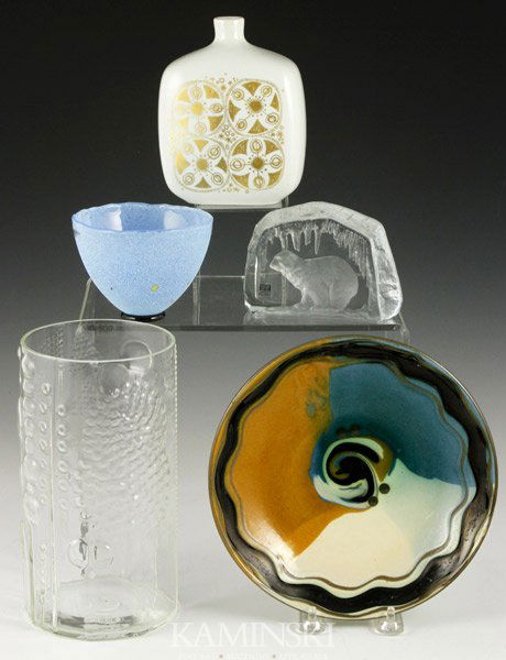 Lot of 5 Scandinavian Items: Lot of five Scandinavian items, to include: Norway, Porsgrund ceramic vase with gilt design, M.2311, D.78104 ink stamped "Porsgrund Norway 70", 5 5/8"h; Sweden, Kosta Boda, small polar bear sculptural
