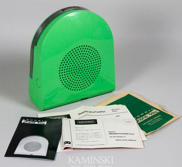Bellini for Grundig "Phono Boy": Mario Bellini design for Grundig of Germany, "Phono Boy" portable 45 record player, green plastic, 8 3/4"h x 7 3/4"w x 3 1/4"d. With original paperwork.
