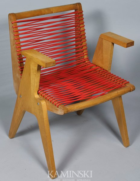 Mid C. Attributed Grabe Chair: Mid 20th century, attributed to Klaus Grabe, chair, wood and plastic covered rope, carriage bolts, wingnuts, 31 1/2" h x 23" w x 21" d. Light age wear and scuffing, rope is original.