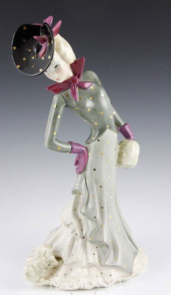 Lenci, Woman and Dog, Porcelain: Lenci, Italian, elegant woman with dog, porcelain, circa 1930's, 14 1/2"h x 7 1/2"w.