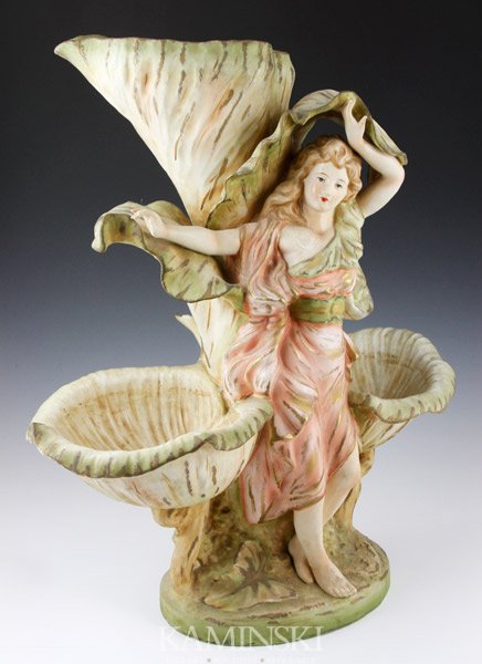 Austrian Whimsical Woman: Austrian, in the style of Royal Dux, whimsical woman, 20"h x 17 1/2"w x 7 1/2"d.
