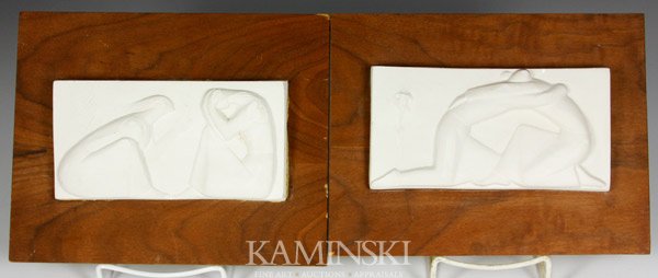 Aarons Plaster Relief Plaque: George Aarons (Russian American 1895 - 1980), plaster relief plaques on wood panel, Ruth and Naomi, Psalm 85-10-11, 3 1/4"h x 7 1/4"w, 8"l x 10"w (panel).