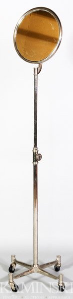 Early 20th C. Shaving Mirror: Early 20th century, Art Deco, rolling shaving mirror, chrome steel and plated metal, adjustable height 44"h to 60"h, 16"l x 16"w (base).